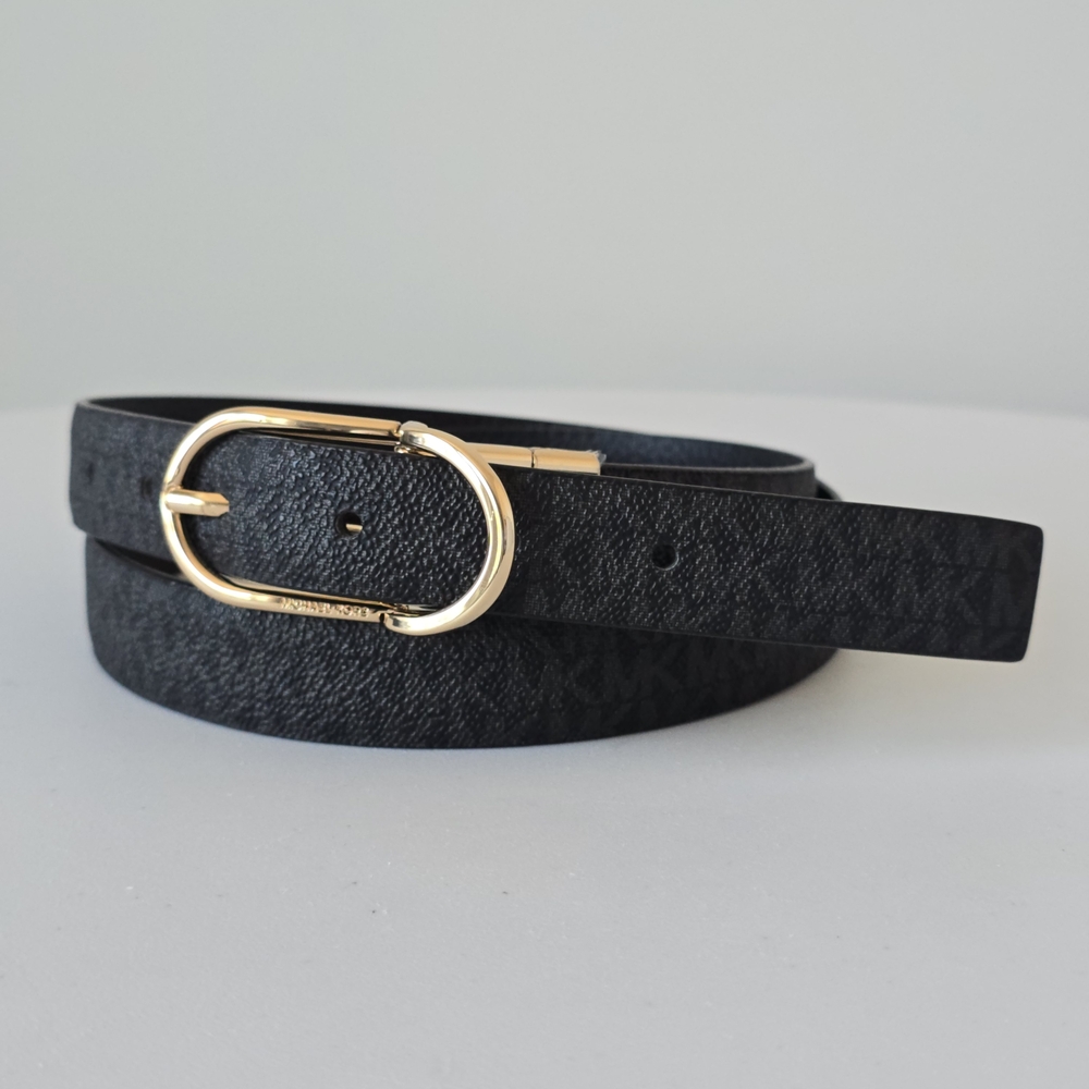 MICHAEL Michael Kors Reversible Leather Belt L Black Gold Buckle NEW